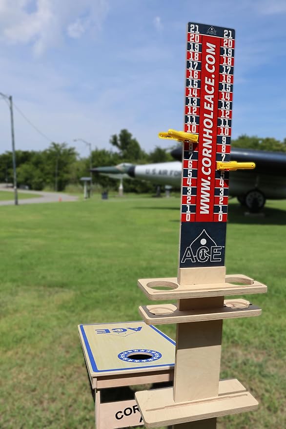 CornholeAce Elite Cornhole Scoreboard 3ft or 5.5ft Tall Hardware Free Stand with UV Printed Score Panel 0 to 21 Phone Tablet Scorekeeping Area Livestream Shelf 2 Drink Holders