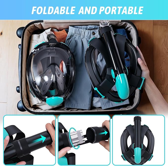 Greatever G2 Full Face Snorkel Mask for Adults Kids, 2 Pcs Snorkeling Set with Foldable Design, Dry Top System, 180° Panoramic View, Anti-Fog & Anti-Leak, Safe Breathing with Camera Mount Included