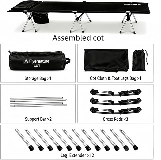 Lightweight Camping Cot for Adults, Foldable Sleeping Cot with 300 lbs Capacity, Portable Compact for Backpacking, Hiking, Travel, Office Nap, Quick Setup 1Pack | Flyernature