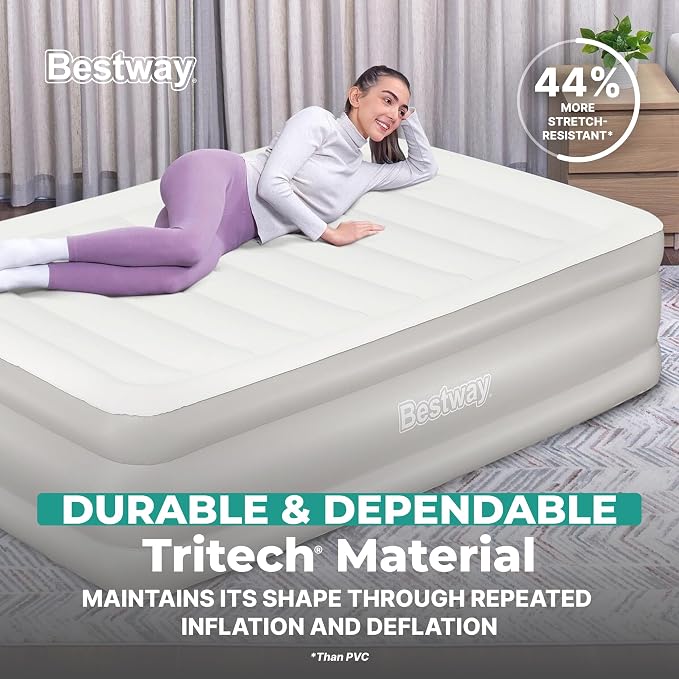 Bestway Tritech 20" Queen Air Mattress, Portable Queen Size Airbed with Contoured Comfort, Raised Sides, & Built-in AC Electric Air Pump, Warm Gray
