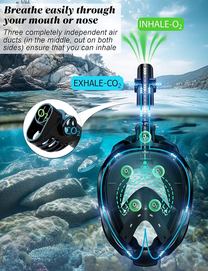 WSTOO Full Face Snorkel Mask, Dry Top Snorkeling Gear for Adults, 180° Panoramic Foldable Design with Camera Mount, Safe Mouth/Nose Breathing, Anti-Fog & Anti-Leak