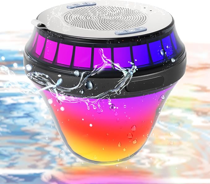 Floating Speaker for Pool with Colorful Lights, IPX7 Waterproof Floating Hot Tub Speaker, 15W Stereo Loud Sound, 360° Loud Stereo Sound, TWS, Great for Pool Shower Travel SPA