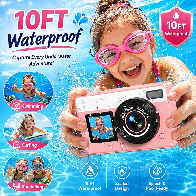 Maxmango D70 Underwater Camera, 10FT Waterproof Digital Camera for Pool & Beach, 4K 48MP Teens Underwater Cam with Dual Screens, Autofocus, 18X Zoom, Floating Camera for Boys Girls Pink(16GB)