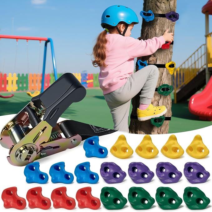 20 PCS Large Ninja Tree Climbing Holds for Kids,Tree Rock Climbing Kit with 6 Ratchet Straps for Kids,Large Rock Climbing Holds for Outdoor Ninja Warrior Obstacle Course Training