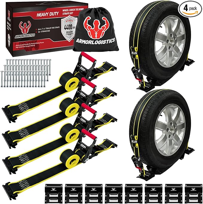 4Pack UTV Wheel Chock Tie-Down Kit, 2 in x 8 ft Heavy Duty Trailer Tire Straps, 4400lb Max Break Strength E Track System for ATV, UTV, SXS, Mower and More (Black)