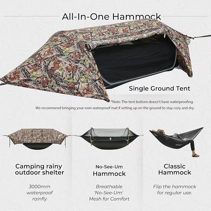 Camping Hammock Tent with Mosquito Net & RainFly, 3 in 1 Waterproof Portable Sleeping Hammock Bug Backpacker Lightweight Outdoor Gear Swing for Hiking Travel Patio Expedition(Camouflage)