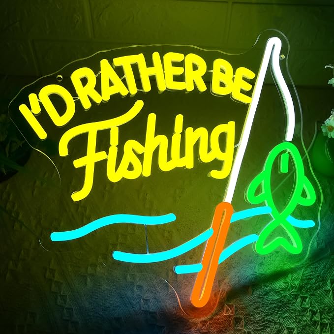 I'd Rather Be Fishing Neon Sign for Wall Decor Fishing Neon Light Man Cave | Dimmable Neon,Fisherman Birthday Fishing Gifts,Led 5V USB Powered,Fishbowl,Fish Room Decor,Business Shop Wall Art,13.3*12.2in
