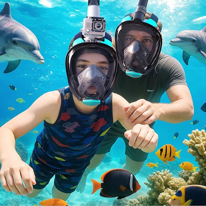 Greatever G2 Adults Kids Full Face Snorkel Mask 2 Pcs,Snorkeling Gear with Latest Dry Top System,Foldable 180 Degree Panoramic View,Safe Breathing,Anti-Leak&Anti-Fog Snorkeling Mask with Camera Mount