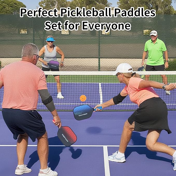 Pickleball Paddles Set of 4, USAPA Approved Pickleball Set with 4 Assorted Colors, Fiberglass Surface with Honeycomb Core, Includes 4 Paddles, 4 Balls, 1 Bag, for Tournament and Group Play