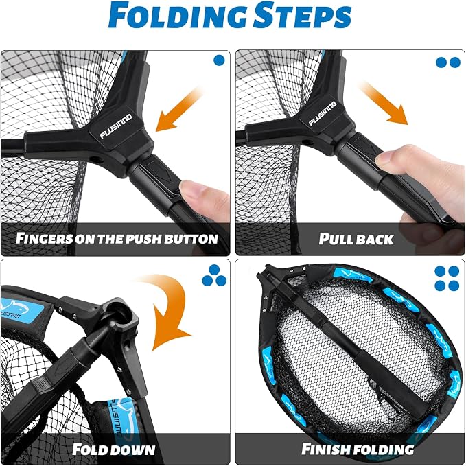 PLUSINNO Fishing Net Fish Floating Landing Net, Kayak Nets with Fixed Foldable Telescopic Pole Handle, Bass Trout Fishing Nets with Nylon Mesh for Pond Lake River, Fishing Gear Gifts for Men Anglers
