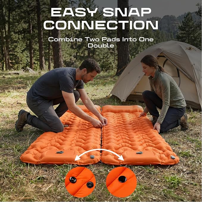 CKG Camping Sleeping Pad with Thermal Barrier, Ultralight Camping Mat 4in Thick with Pillow, Built-in Foot Pump Self Inflating Sleeping Pad for Hiking Tent Road Trip Car Camp Travel Gear, Orange