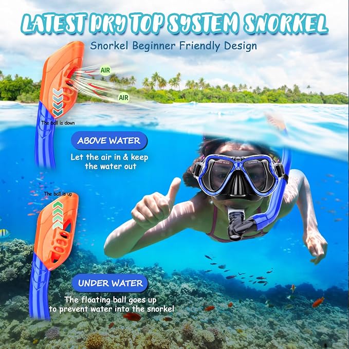 Snorkeling Gear for Kids, 4 in 1 Child Mask Fins Snorkel Set with Panoramic View Anti Fog Mask, Dry Top Snorkel, Trek Fins and Travel Bag, Kids Snorkeling Set with Fins for Snorkeling Swimming