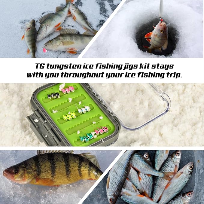 Tungsten Jigs, 18/27Pcs Tungsten Ice Fishing Jigs Kit for Panfish 3.2/4/5mm Glow in Dark Teardrop Ice Fishing Lure Jigs with Two-Sided Jig Box Assortment