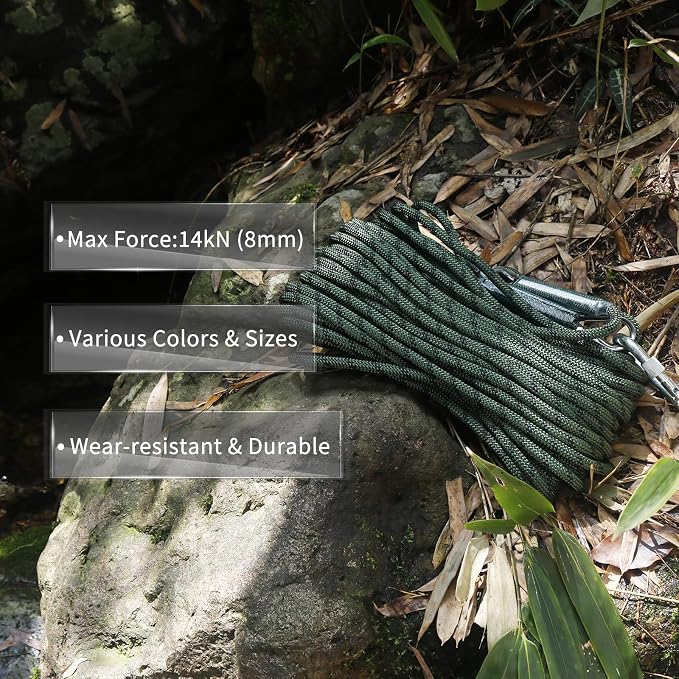 NewDoar 14KN Static Climbing Rope 8mm(5/16in) Accessory Cord Equipment 33FT(10M) 66FT(20M) 98FT(30M) 165FT(50M) Escape Rope with 2 Carabiners for Ice Climbing Equipment Fire Rescue Rope-Green/20M