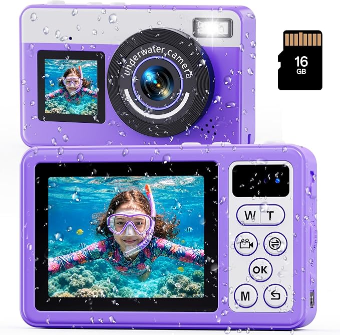 Maxmango D70 Underwater Camera, 10FT Waterproof Digital Camera for Pool & Beach, 4K 48MP Teens Underwater Cam with Dual Screens, Autofocus, 18X Zoom, Floating Camera for Boys Girls Purple(16GB)