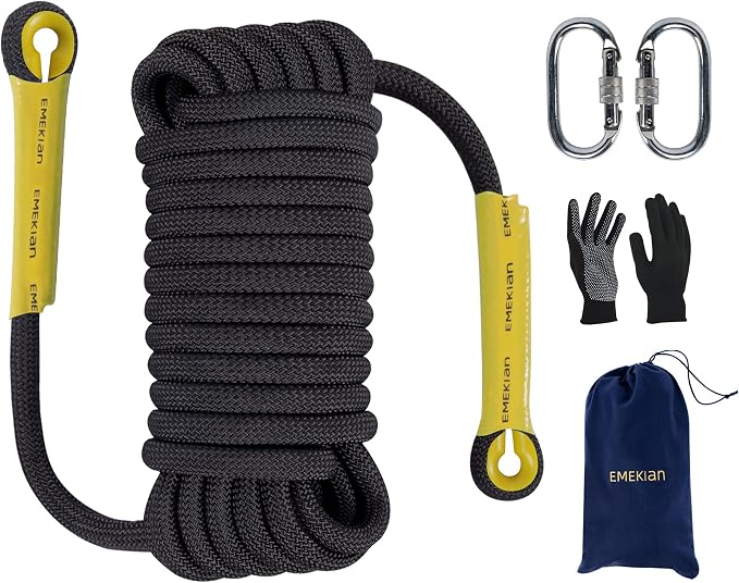 Indoor Outdoor Climbing Rope, 10/12/14mm (32FT/49FT/65FT/98FT) Static Rock Climbing Rope for Escape Rope, Ice Climbing Equipment, Fire Safety Rescue Rope, with Non Slip Gloves