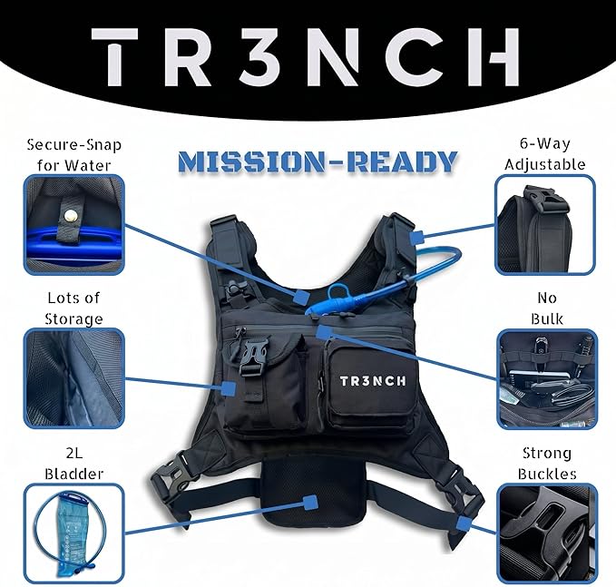 TR3NCH Tactical Running Vest with 2L Hydration Bladder, Adjustable Utility Chest Rig and Water Pack for Hiking and Hunting