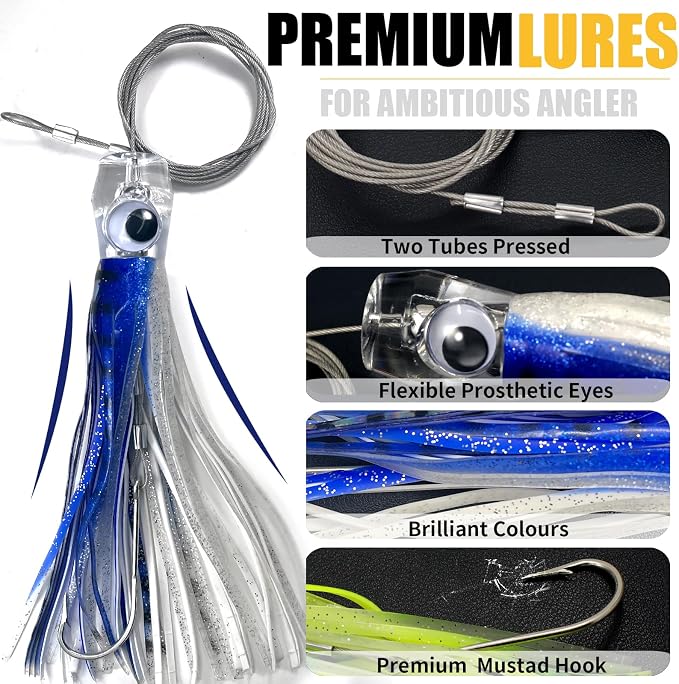 YOTO Trolling Lure Saltwater,6.5/9 inch 6 pcs Squid Skirted Deep Sea Fishing Lure kit,Tuna,Marlin,Wahoo,Shark,Mahi Trolling Fishing Lures