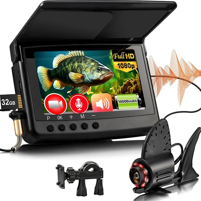 2026 𝐍𝐄𝐖 [Audio+Video Record] HD1080P Underwater Fishing Camera w/DVR 32GB, 10000mAh, 5'' OLED, Ice Fishing Camera Underwater Portable Fish Finder Gift for Men, IR, Ice and Boat Fishing, 65FT