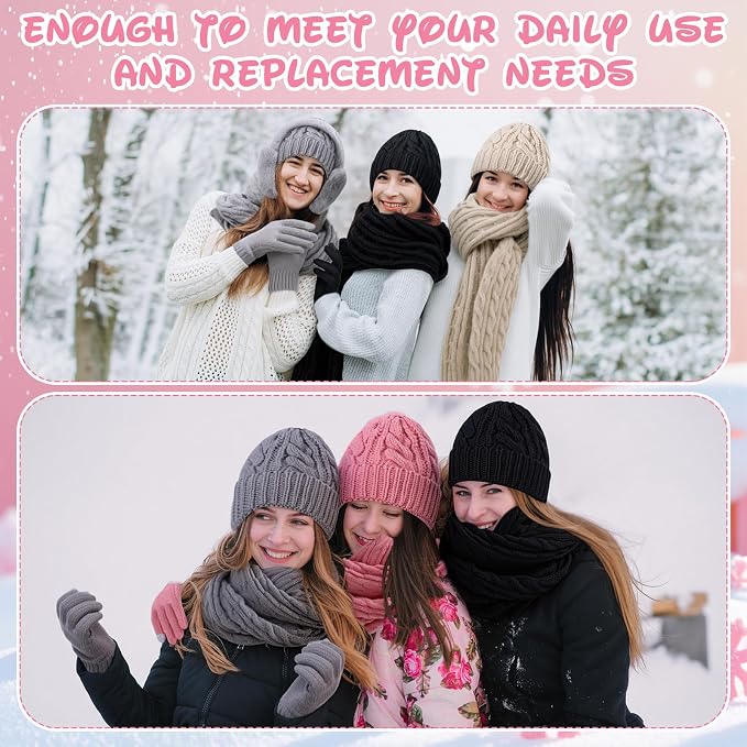 16 Pcs Women Hat Scarf Gloves Ear Muffs Set Winter Knitted Pom Beanie Hats Scarf Touch Screen Gloves for Men Adult Homeless