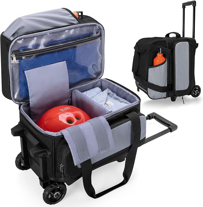GOBUROS Single Ball Roller Bowling Bag with Wheels and Retractable Handle Extends to 35.4 Inches, Single Bowling Ball Bag with Shoe Compartment and Multiple Accessory Pockets, Black and Gray