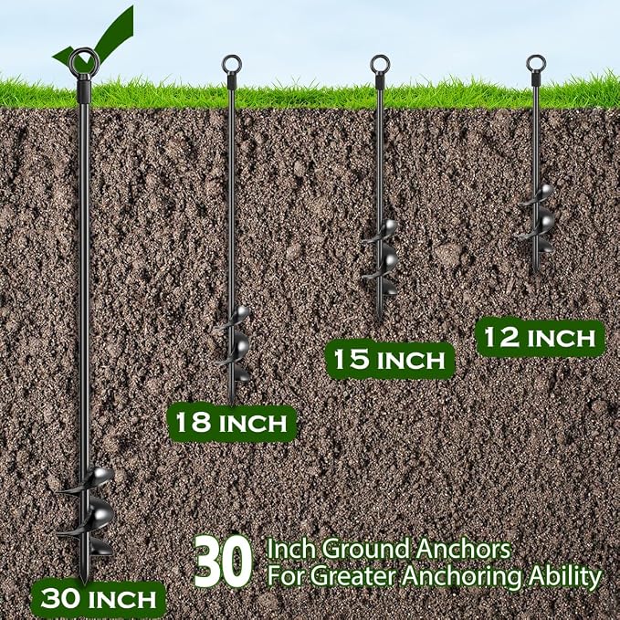 6 Pcs 30" Ground Anchors Shed Anchors Kit Heavy Duty 12mm Solid Steel, Triple-Turn Helix Earth Anchors for Sheds, Carport, Canopy, Gazebo, Trampoline, Mobile Home