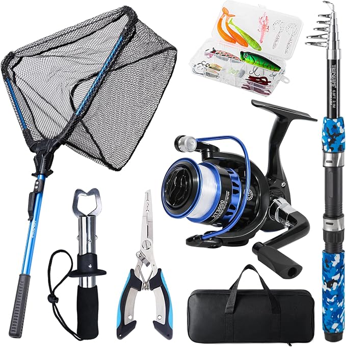 Tripquips Fishing Rod and Reel Combo with Fishing Net, 6.9ft Telescopic Fishing Pole Kit with Fishing Pliers, Lip Gripper, Fishing Lures,Pre-Loaded Spinning Reel Combo
