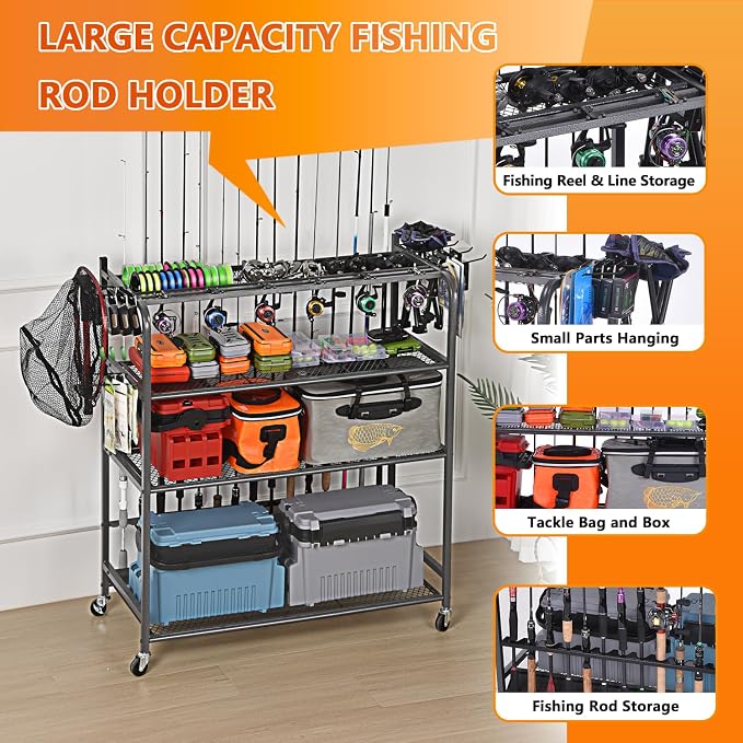 Heavy Duty Fishing Rod Rack, Fishing Organizer for Garage, Fishing Gear Holder for Garage with Movable Wheels