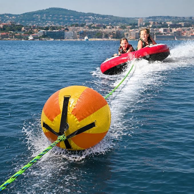 Towable Tube Rope Booster Ball, Tow Rope for Boat Tubing, 2 x 60 ft Rope for Lift and Visibility with 4100lb Break Strength for Boating, Water Sports
