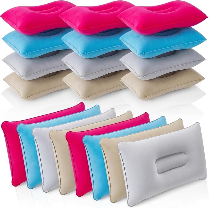 Geelin 20 Pack Inflatable Pillows for Camping Travel Beach Vacation Sand Squared Flocked Soft Fabric Backpacking Ultralight Pillows for Office Sleeping Neck Head Lumbar Support (4 Colors)