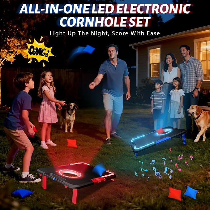 LED Cornhole Board Set, Light-Up and Travel Cornhole Boards Games Set, Corn Holes Outdoor Game, Corn Hole Game Set w/ 2 Boards, 8 Beans Bags for Backyard, Beach, Lawn