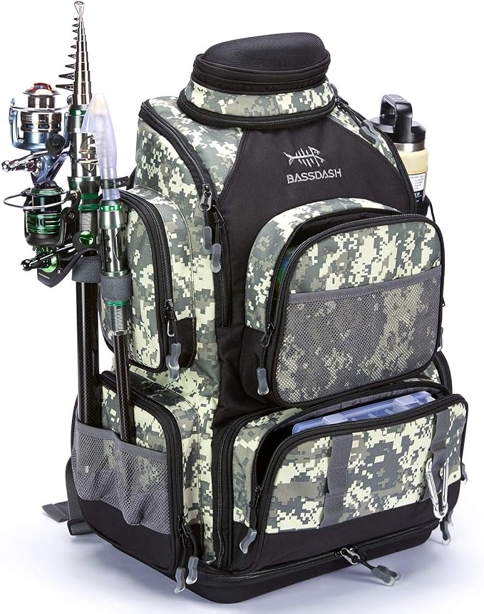 BASSDASH Fishing Tackle Backpack Water Resistant Tactical Bag Soft Tackle Box with Rod Holder and Protective Rain Cover