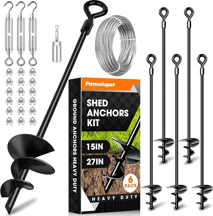 27in 6 Pack Ground Anchors with 3/16" Galvanized Cable Shed Anchor Kit, Trampoline Stakes Anchors High Wind – Ideal for Canopies, Sheds, Car Ports, Swing Sets Gazebo Greenhouse (27 in of 6 Pcs)