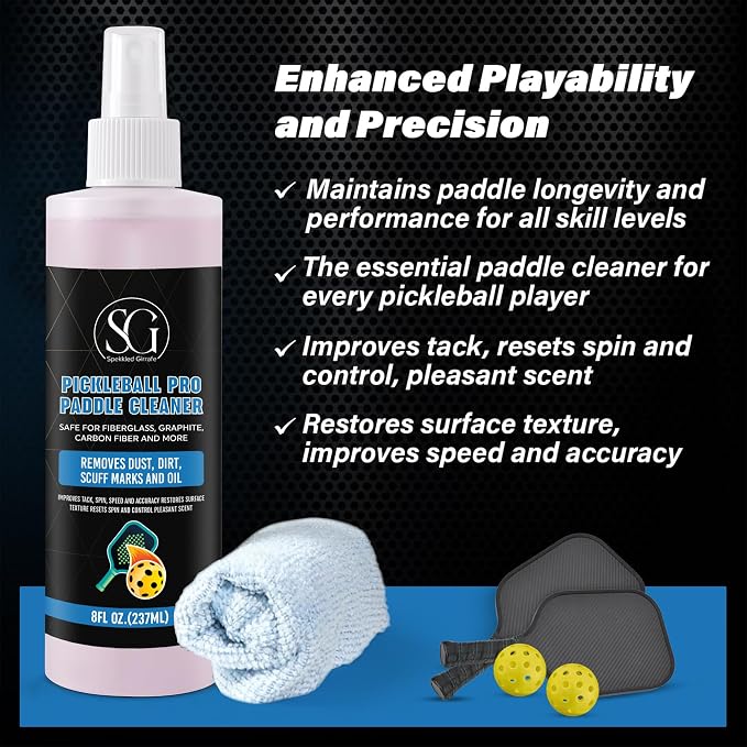 Pickleball Paddle Cleaner Spray - Removes Dirt, Ball Residue, Scuff Marks- EPA Safer Ingredients, Pickleball Accessories, Pickleball Gifts, Presidents Day Deals - 8 FL Oz