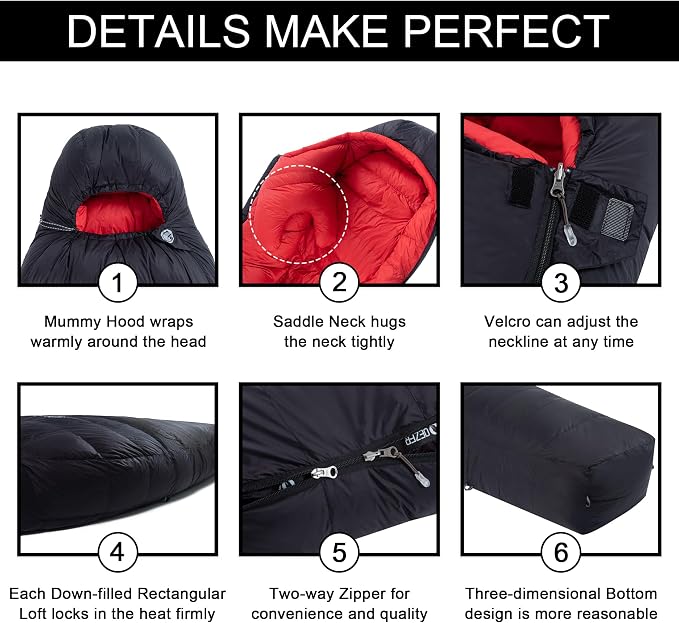 0 Degree Sleeping Bag for Adults 650 Fill Power Down Sleeping Bag for Cold Weather -20F / -8F / 0F / 10F Large Lightweight