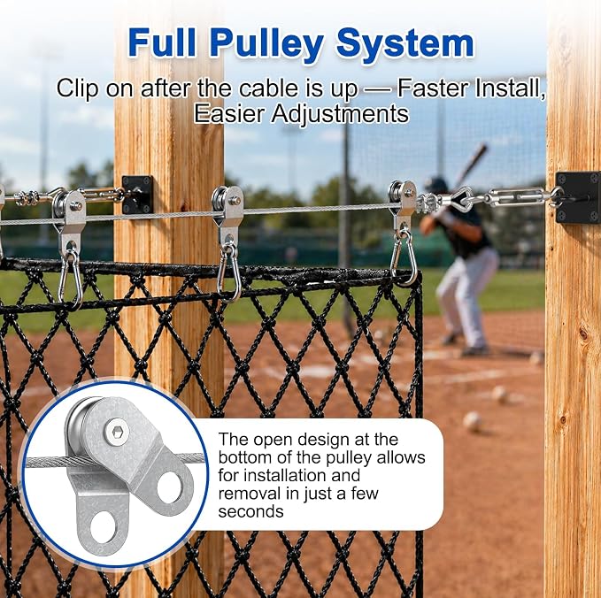 10FT Batting Cage Cable & 30 Pulleys & 30 Spring Hooks Kit, Heavy Duty Retractable Batting Cage Netting Net Wire Tension Hanging Kit, Batting Cage Frame for Indoor & Backyard, DIY Baseball