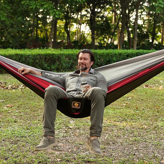 Camping Hammock, Portable Hammocks with Mosquito Net,Lightweight Nylon Parachute Hammock with 10ft Tree Straps,Camping Gear Must Haves for Travel Hiking Backpacking Beach Patio-Black&Red