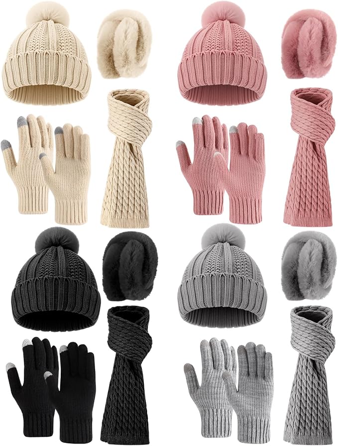 16 Pcs Women Hat Scarf Gloves Ear Muffs Set Winter Knitted Pom Beanie Hats Scarf Touch Screen Gloves for Men Adult Homeless
