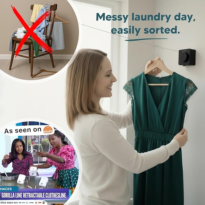 GorillaLine Basic - Retractable Clothesline Indoor Outdoor Clothes Line - Non-Sagging Heavy Duty Clothes Drying Laundry Line - Wall Mounted Drying Rack - Air Dry Clothing - Tighten with GorillaGrip
