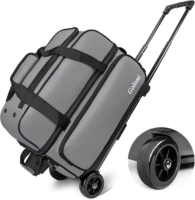 Goloni Double Roller 2 Ball Bowling Bag with Separate Shoe Compartment,2 Ball Bowling Bag with Wheels,Retractable Handle Extends to 40"