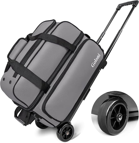 Goloni Double Roller 2 Ball Bowling Bag with Separate Shoe Compartment,2 Ball Bowling Bag with Wheels,Retractable Handle Extends to 40"