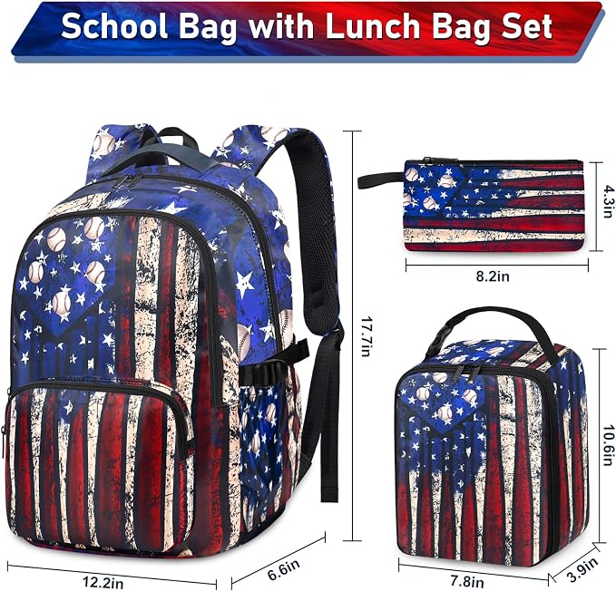 Baseball Backpack Set for Boys, Kids Baseball School Backpack with Lunch Box Pencil Bag