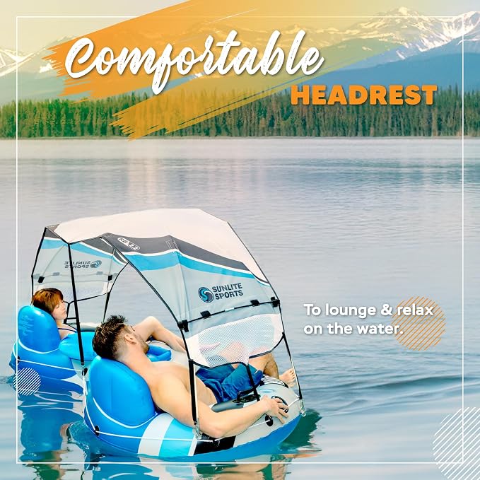 Sunlite Sports River Tube with Canopy for 1 or 2 Person - Heavy Duty Inflatable Water Float with Cup Holders, UV Sun Protection, Comfortable Lounge Design for Lake, River, Pool