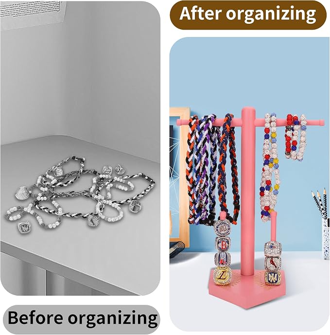 Baseball Ring Display Holder for Championship Rings & Necklaces, Wooden Sports Jewelry Organizer with Bat Stand for Baseball Softball Players, Athlete Gift Display Case for Rings Bracelets Medals,Pink