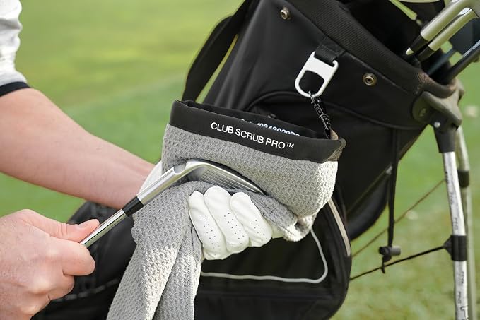 Club Scrub Towel Pro, Golf Club and Ball Cleaning Pouch with Attached Towel, Waterproof Exterior, Clean Face Technology Liner, Machine Washable, Cleans Club Grooves, Waffle-Weave Microfiber (Gray)