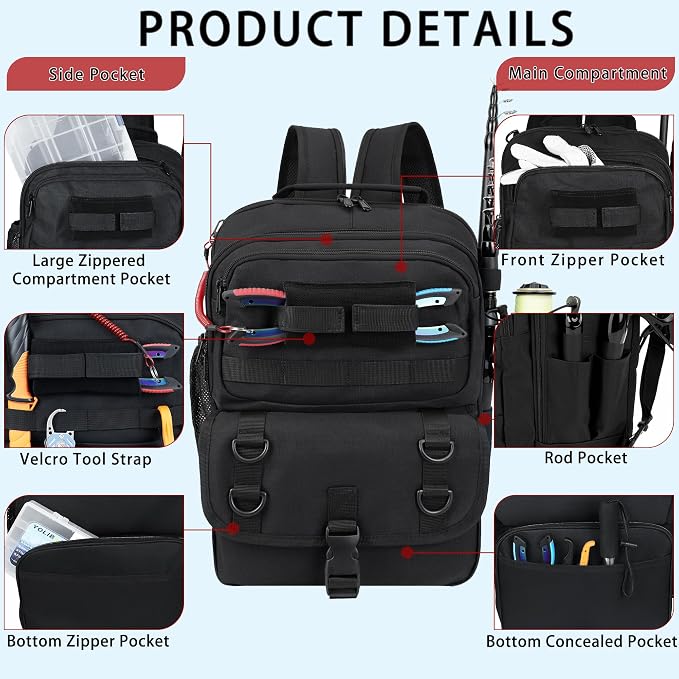Fishing Backpack with Tackle Boxes,Fishing Sling Tackle Bag with Rod Holder Waterproof Fishing Bag with Fishing Gear, Fishing Gifts for Men Women Gear Combo Kit,Black