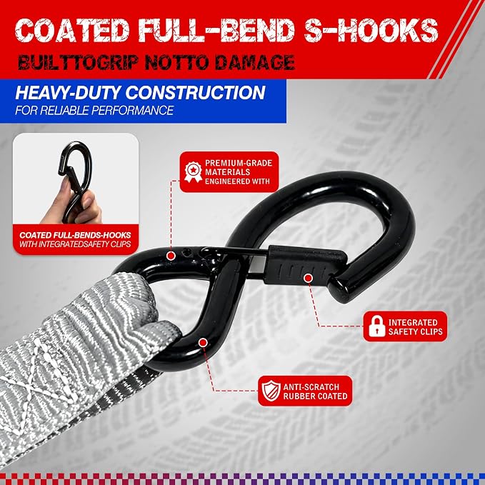 Ratchet Tie Down Straps, 5280lbs Break Strength, 1.6" x 8' Heavy Duty Ratchet Tie Down Strap Set with Padded Handles, Coated S Hook, Soft Loop for Trucks, ATV, UTV, Motorcycle, Cargo & More - Gray