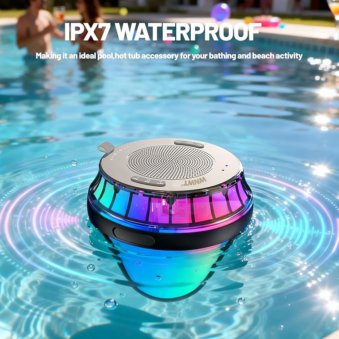 Floating Speaker for Pool, IPX7 Waterproof Floating Hot Tub Speaker with Colorful Lights, 15W Stereo Loud Sound, TWS, Portable, Wireless Must Have Gifts for Shower, Spa, Beach