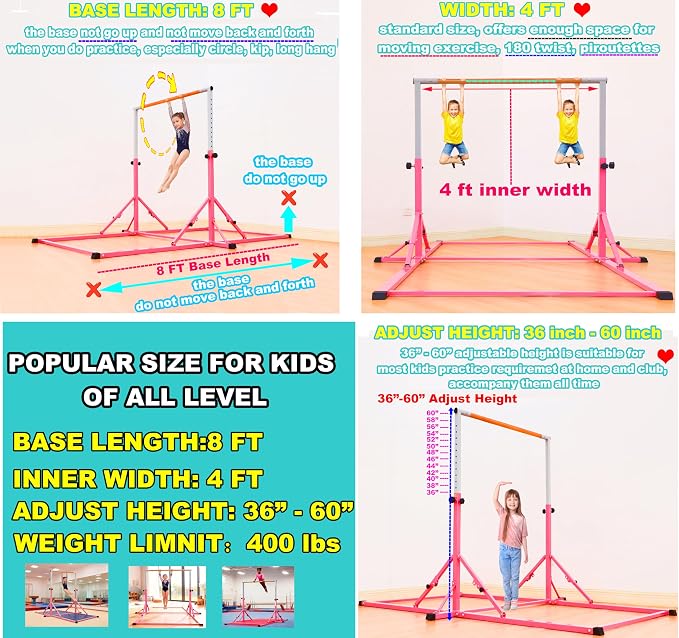 Marfula Gymnastic Bar For Kid and Teenage of 3-25, 5Ft/8 FT Base Length 4Ft Width 5Ft Adjust Height, Gymnastic Kip Bar For Gymnast, Gymnastic Training Equipment For Professional Training Home Club Use