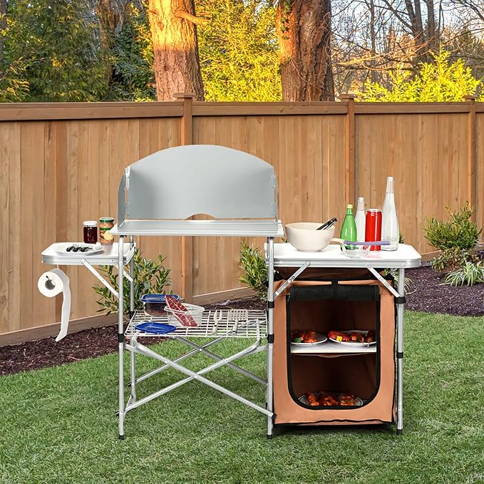 Tangkula Folding Camping Kitchen Table, Aluminum Portable Camping Grill Table with Windscreen, Cook Station, Outdoor Quick Set-up Camp Cook Table with Storage Organizer Shelves, Carry Bag